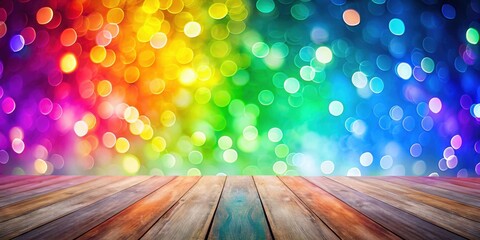 Poster - Rainbow Bokeh Background with Rustic Wooden Deck for Product Display or Festive Design