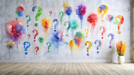 Poster - A Room with a Wall Decorated with Colorful Watercolor Splashes and Question Marks, Featuring a Simple Wooden Floor and a Potted Plant
