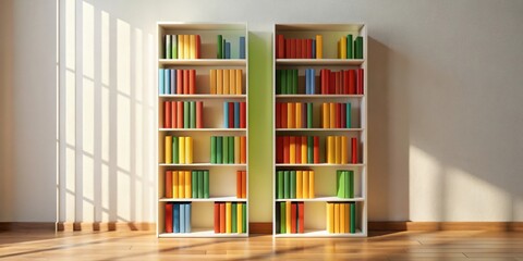 Aufkleber - Sunlight Illuminates Colorful Books on a Pair of Simple White Bookshelves in a Room with Wooden Flooring