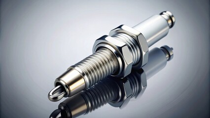 Poster - Close-up Studio Shot of a Gleaming Metallic Spark Plug with Reflective Surface