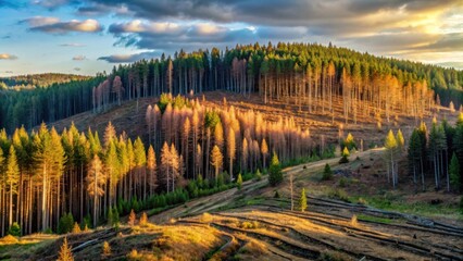 Poster - Golden Hour Illumination on a Hillside Forest with Recent Logging