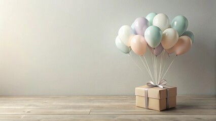 Aufkleber - A pastel-colored balloon bouquet lifts a gift box, a festive scene of celebration and joy on a wood surface