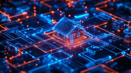 Digital Smart Home Concept with Holographic Architectural Blueprint and 3D Grid