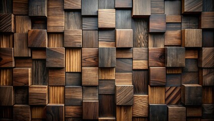 Poster - Intricate Wooden Cube Mosaic A Textured Background of Rich Brown Tones and Varied Wood Grains