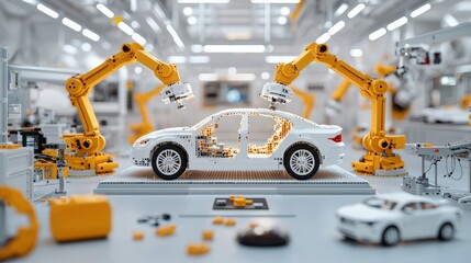 Poster - A futuristic car assembly line featuring robotic arms constructing a transparent vehicle model in a high-tech factory setting.