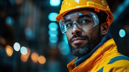 Wall Mural - A focused worker in safety gear, including a hard hat and protective eyewear, stands in a well-lit industrial environment.