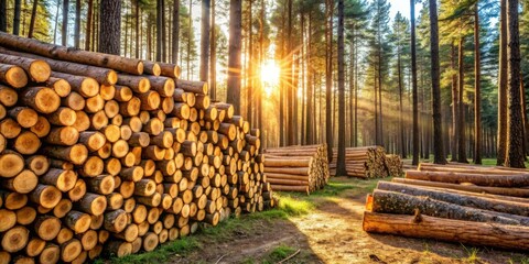 Poster - Golden Hour Lumber Harvest Stacks of freshly cut timber bathed in the warm glow of the setting sun within a dense pine forest.