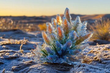 Wall Mural - A sunrise illuminates a frost-covered plant, transforming it into a breathtaking icy sculpture.