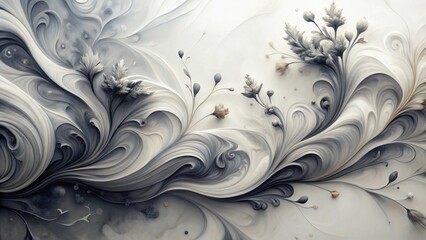 Aufkleber - Abstract Whimsical Floral Design with Swirling Gray and White Hues, Featuring Intricate Filigree and Delicate Botanical Elements
