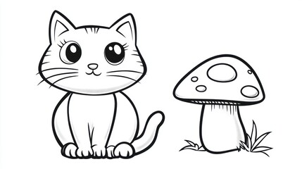 Cute cartoon cat and mushroom coloring page