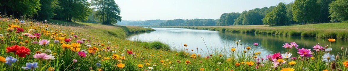 Wall Mural - Estuary with a carpet of colorful wildflowers, blooms, wildflowers