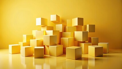 Poster - Abstract Composition of Golden Cubes Arranged on a Reflective Surface Against a Yellow Background