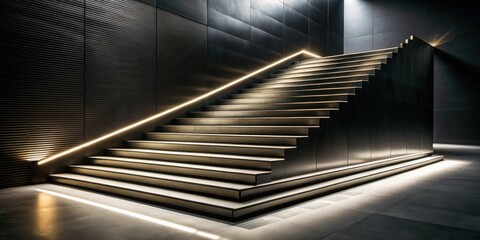 Aufkleber - Illuminated Modern Staircase with Sleek Metal Railing and Subtle Lighting Effects