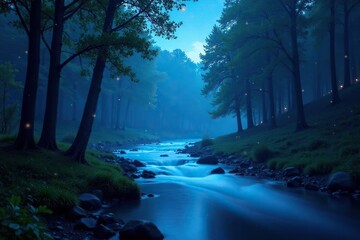 Wall Mural - Blue starlight illuminating a winding forest river, nature, blue light, serene