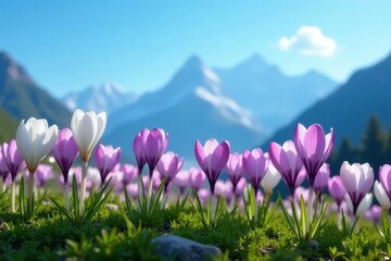 Wall Mural - Row of white and purple pink Crocus Vernus against a blue sky, blue sky, alps