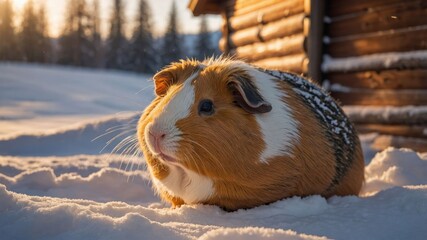 Wall Mural - A guinea pig resting in the snow, illuminated by warm sunlight near a wooden cabin.