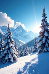 Wall Mural - A sunlit alpine forest features snow-covered trees with a clear blue sky above, serene, winter scenery, winter