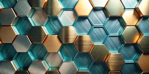 Leinwandbilder - Abstract Metallic Hexagon Pattern Background Design  Interlocking Teal and Gold Geometric Shapes