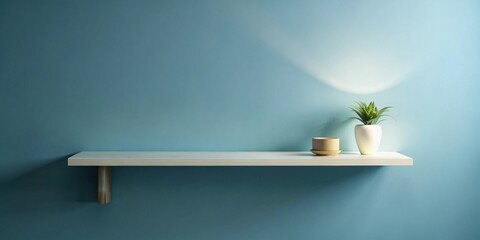 Poster - Minimalist White Shelf with Potted Plant and Cup Against a Light Blue Wall