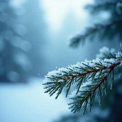 Wall Mural - Soft focus on frosted pine branch against blue winter background with subtle snow, landscape, crystal, calm