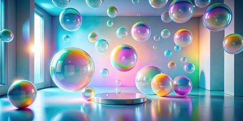Poster - Iridescent spheres float in a minimalist room with a reflective floor and a simple platform