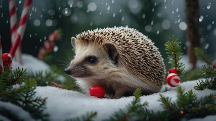 Canvas Print - A hedgehog surrounded by snow, pine branches, and festive decorations in a winter setting.