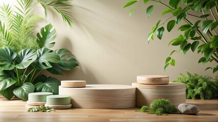 Aufkleber - Serene Wooden Display Platforms Adorned with Lush Tropical Foliage and Minimalist Accents on a Light Wood Floor