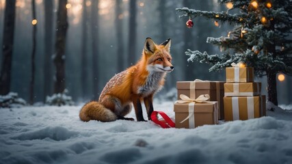 Canvas Print - A fox sitting in snow near a decorated Christmas tree and wrapped gifts.