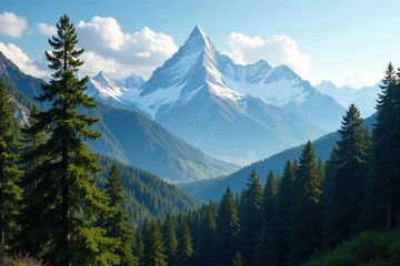 Wall Mural - Dense forest with snow-capped mountains in the distance, trees, scenery