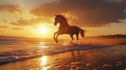 Wall Mural - Majestic horse galloping beach sunset