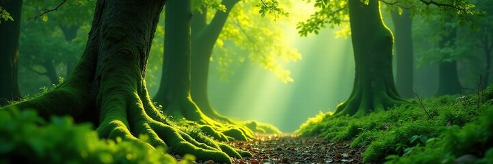 Wall Mural - Moss-covered trees with soft green glow around them, nature, light