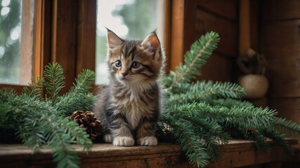 Wall Mural - A playful kitten sits among pine branches and pinecones near a window.