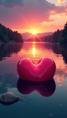 Wall Mural - Pink red heart shape float on the surface of a serene lake at sunset, serene, red, sunset