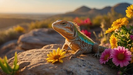 Wall Mural - A colorful lizard basking on a rock surrounded by vibrant flowers at sunset.