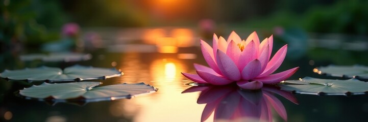 Wall Mural - Water lily pond in the evening with a warm sunset glow, peaceful, water lily, pond