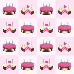 Wall Mural - seamless pattern with cakes.birthday cake with heart, candle, sugar sprinkles.vector graphic illustr
