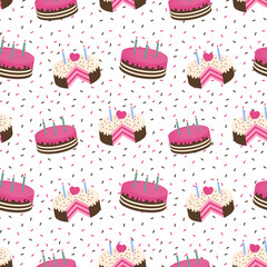 Wall Mural - Cake with heart and candles repeat pattern.Birthday cake seamless pattern isolated on white background.Vector graphic illustration.