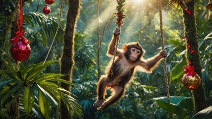 Wall Mural - A playful monkey swings in a lush jungle, adorned with festive ornaments.