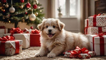 Wall Mural - A fluffy puppy sits among holiday gifts near a decorated Christmas tree.