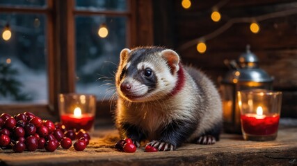 Wall Mural - A cute ferret surrounded by candles and cranberries in a cozy, festive setting.