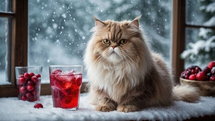 Wall Mural - A fluffy cat sits beside a refreshing drink on a snowy windowsill.