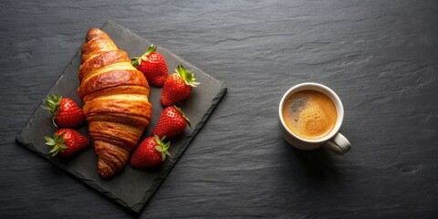 Canvas Print - Aromatic Coffee and Buttery Croissant with Fresh Strawberries on a Dark Surface