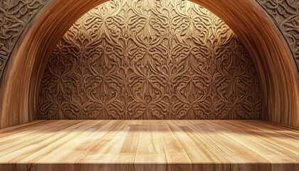 Poster - Wooden Archway with Intricate Patterned Wall and Empty Shelf