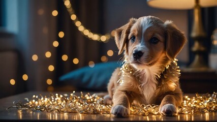 Wall Mural - A playful puppy adorned with festive lights, creating a warm, cozy atmosphere.