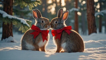 Wall Mural - Two rabbits with red bows sit together in a snowy forest at sunset.