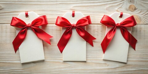 Aufkleber - Elegant Creamy Tags with Vibrant Red Bows on Wooden Surface