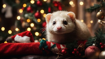 Wall Mural - A festive ferret poses among Christmas decorations and lights.