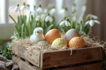 Wall Mural - Little chick sitting in wooden crate with easter eggs and snowdrops blooming