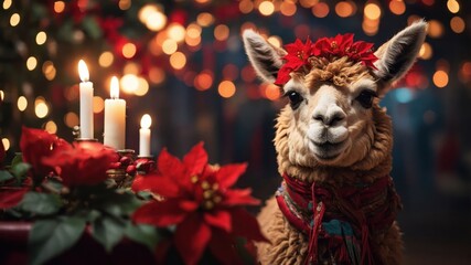 Wall Mural - A festive llama adorned with flowers and candles, set against a backdrop of warm lights.