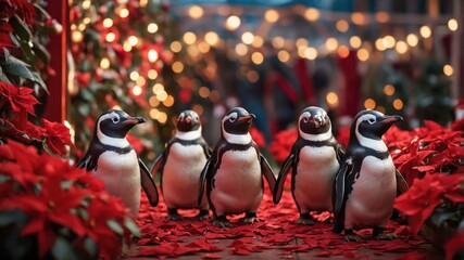 Sticker - A festive scene featuring five penguins among red poinsettias and twinkling lights.